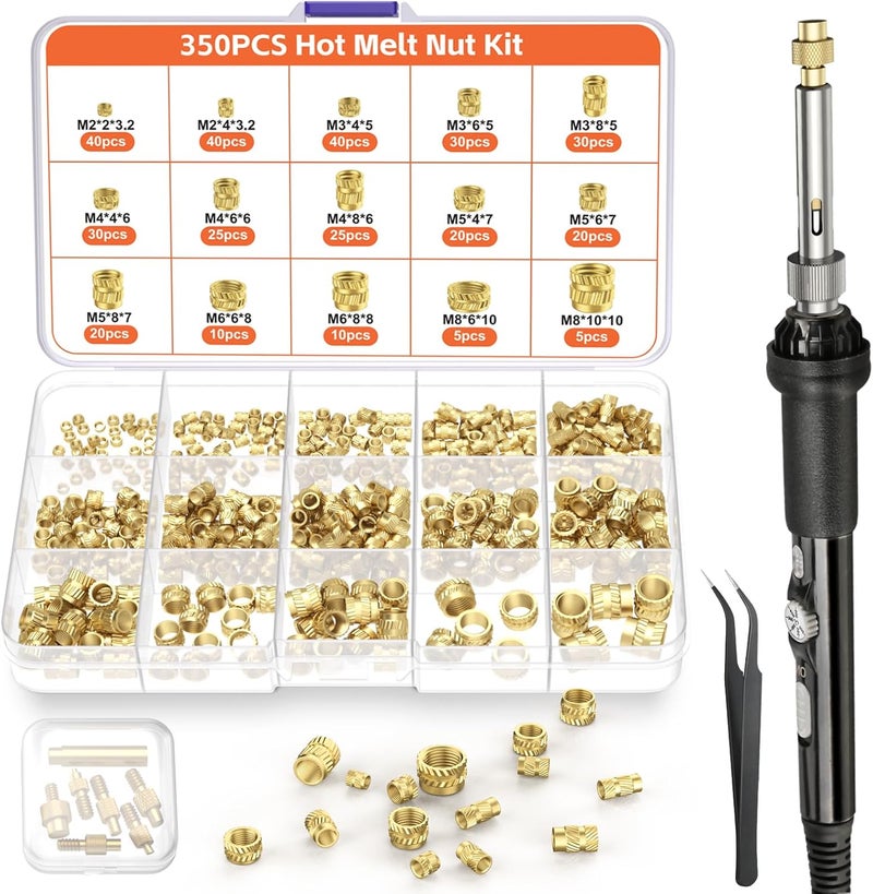 Preciva Heat-Set Insert Tip Set - Soldering Iron with 350Pcs Thread Inserts, 6Pcs Heat-Set Insert Tips (M2 M3 M4 M5 M6 M8), 2Pcs Soldering Tip Connecting Rods and 1Pc Tweezers - Image 1